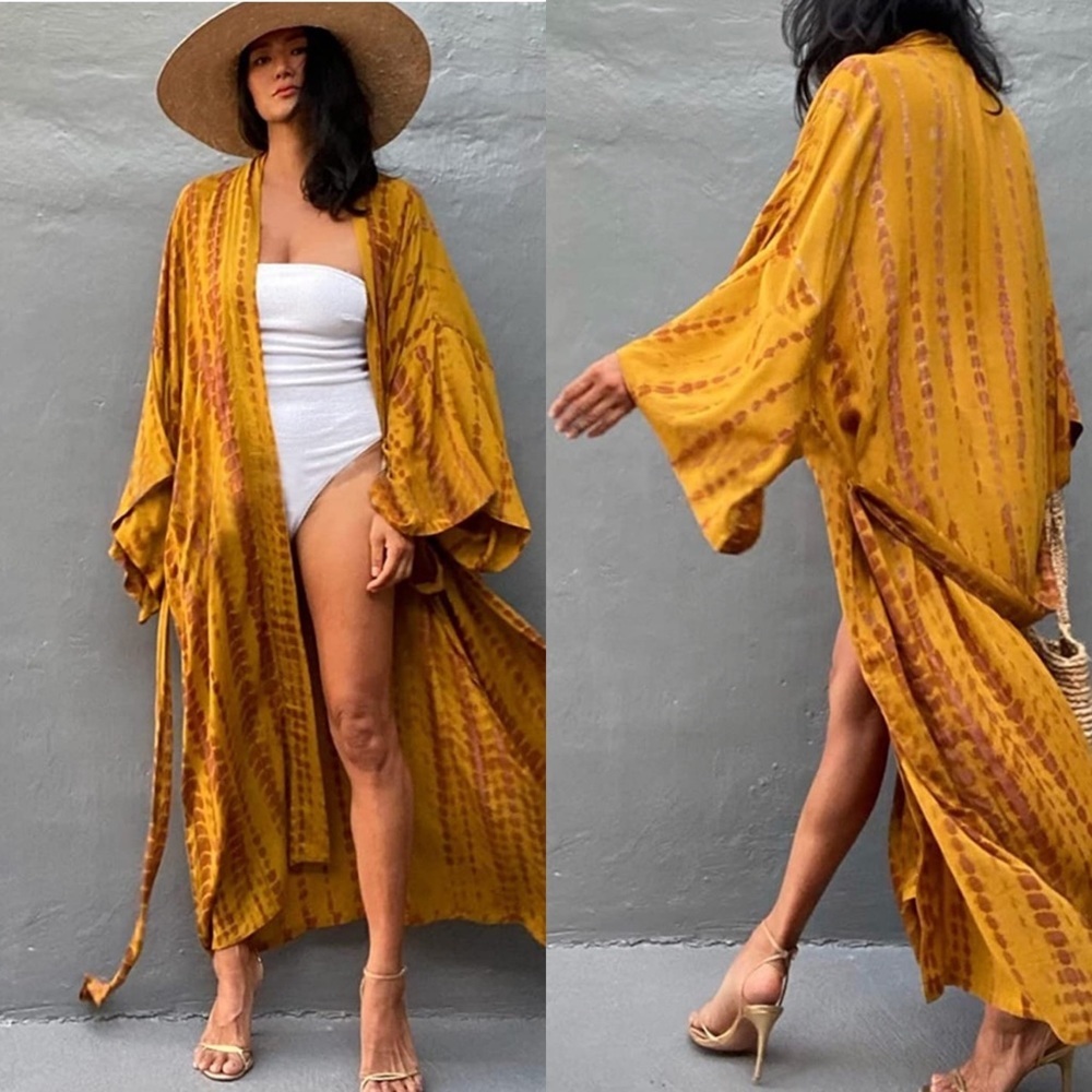 New MUSTARD & CRAN Boho Tie Dye Kimono Maxi Beach open front long COVERUP